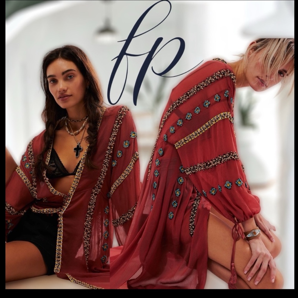 Free People Red Kimono with Embroidered Accents